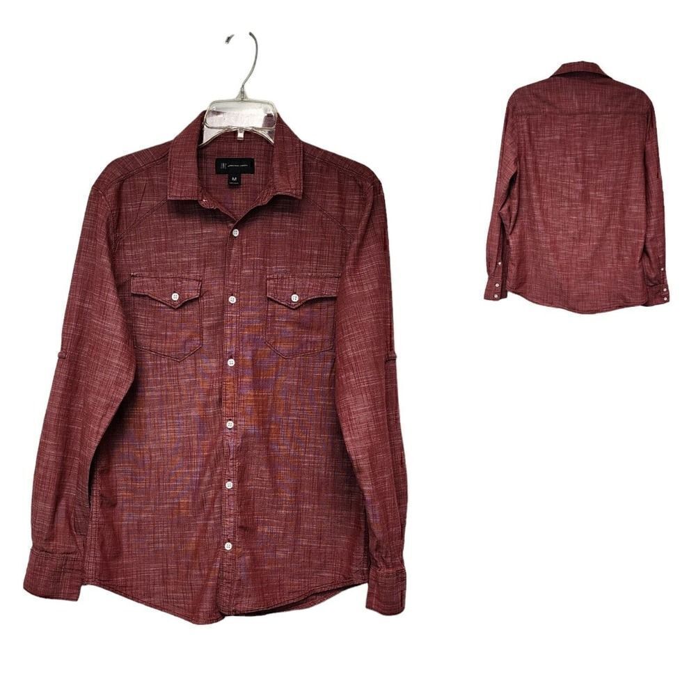 INC International Concepts Cotton Shirt Men's Medium Roll Tab Sleeves Red